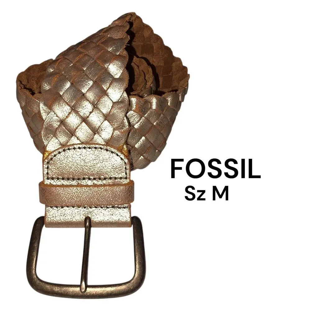 Fossil SzM Metallic Gold Basket Weave Style Solid Brass Buckle Boho Leather Belt